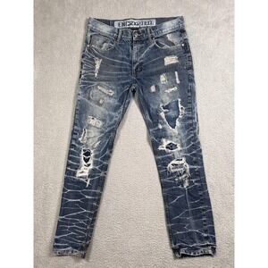 Encrypted Supply Company Jeans Mens 34x32 Blue Distressed Ripped Denim Whiskered